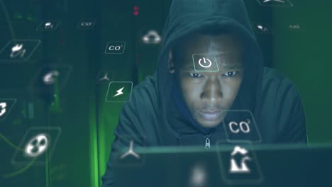 animation of falling icons over african american hacker