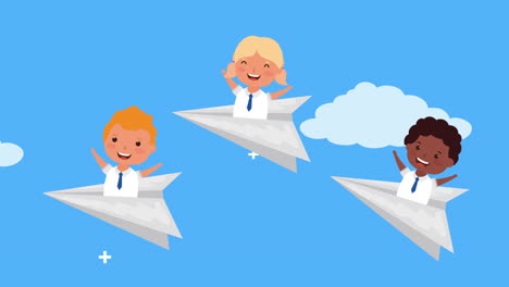 back to school with interracial kids flying in paper airplanes