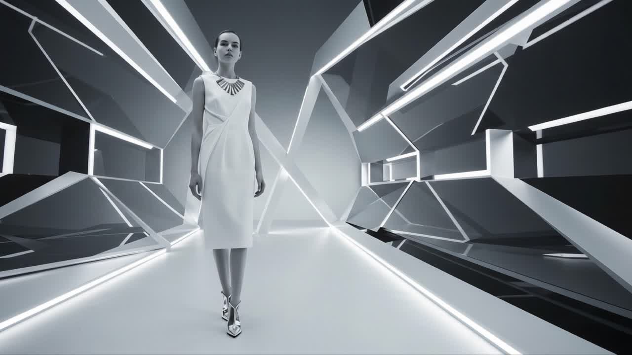 A Chic Model Strides Elegantly Through an Avant-Garde, High-Contrast Setting, Showcasing Modern Fashion and Innovative Architectural Lines