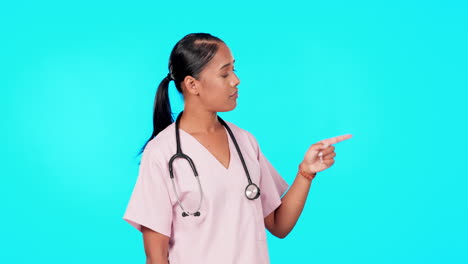 Woman,-doctor-and-point-in-studio-for-mockup