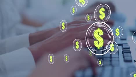 Dollar-symbol-on-multiple-round-scanners-against-close-up-of-people-hands-using-computers
