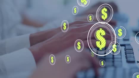 símbolo de dólar en múltiples escáneres redondos contra el acercamiento de las manos de las personas que usan computadoras
