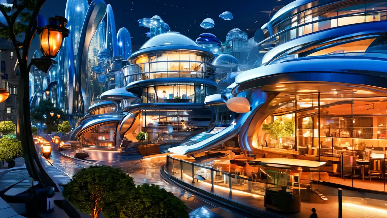 많은 건물들이 있는 밤에 미래의 도시