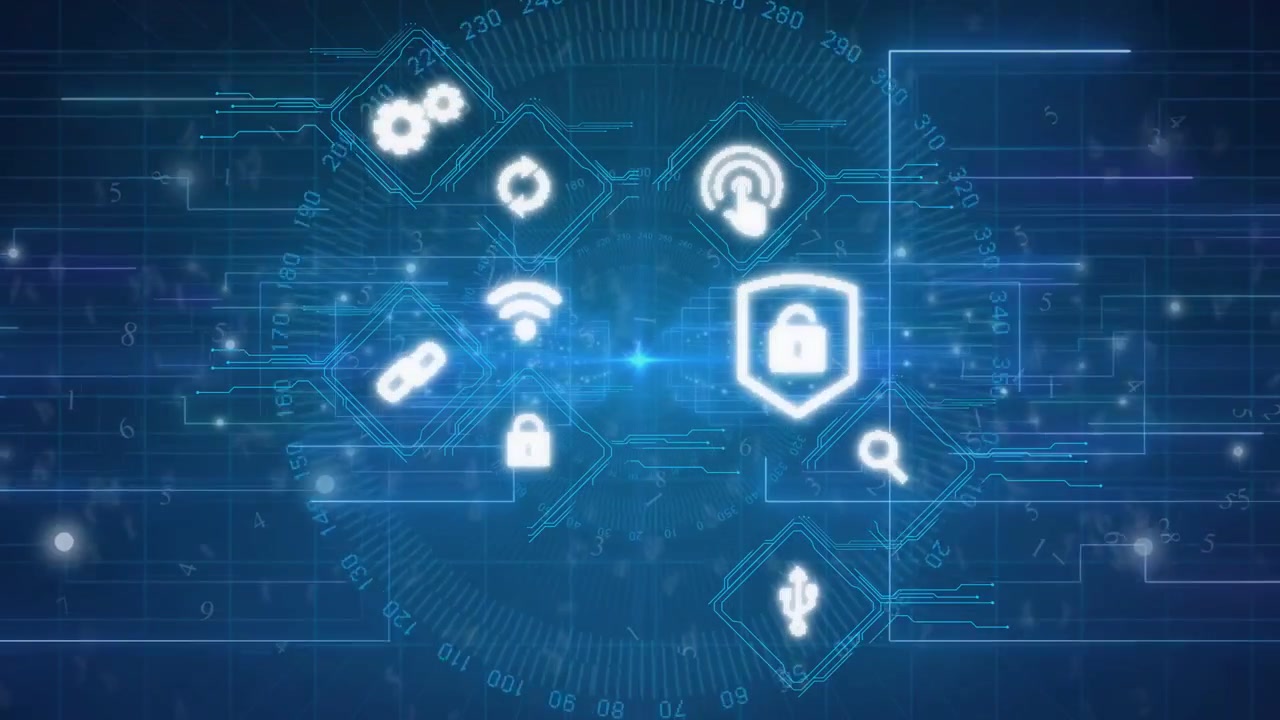 Central hub emitting surge, icons forming and linking via traces, shield padlock signaling security
