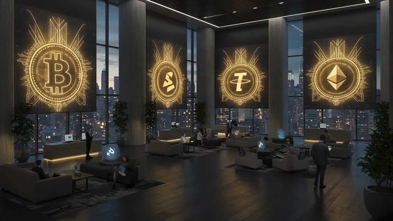 Un moderno centro financiero que exhibe símbolos de criptomonedas en un elegante salón en medio de un vibrante paisaje urbano, capturando la esencia de la innovación en moneda digital.