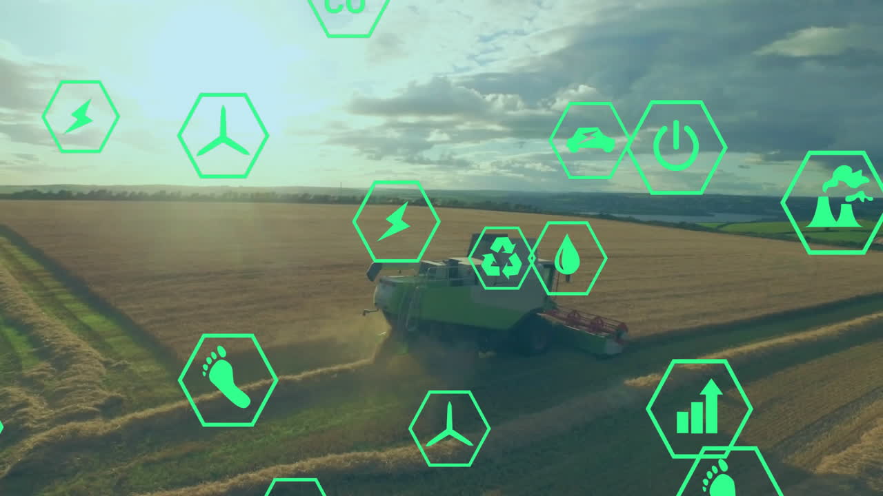 Green combine harvester cutting golden wheat while floating eco hexagon icons showing energy data