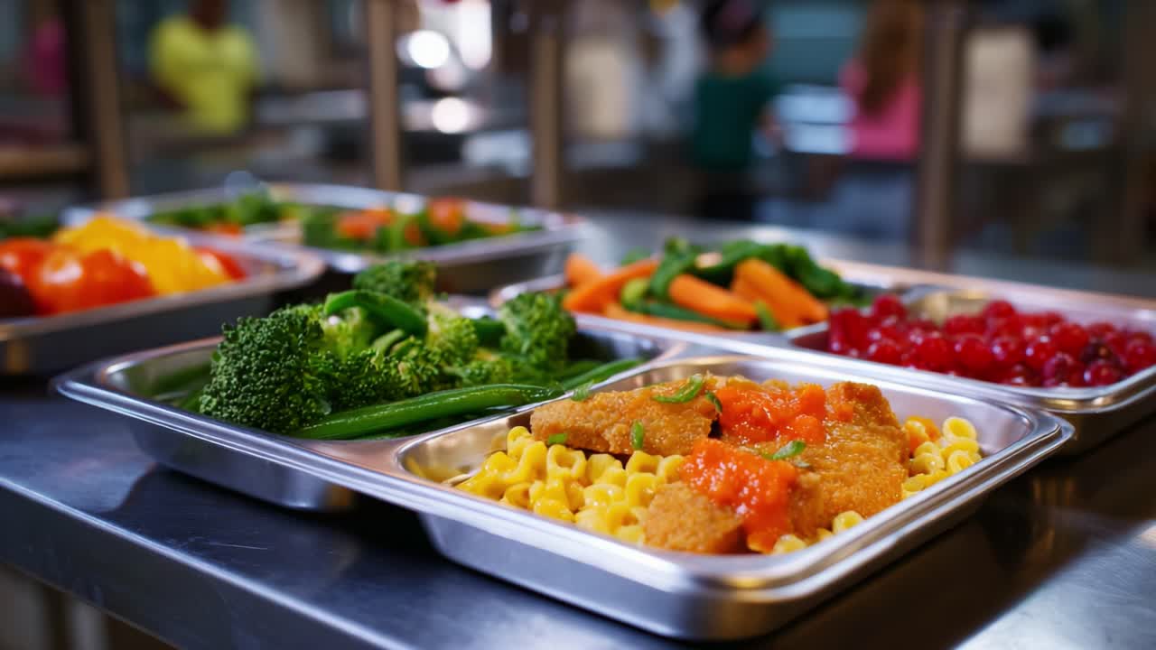 Pranzi scolastici salutari: piatti colorati con verdure, pasta, pollo e frutta fresca offerti agli studenti in una mensa