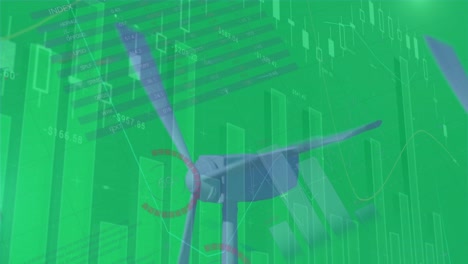 Animation-of-graphs,-charts-against-wind-turbines-on-green-digital-interface