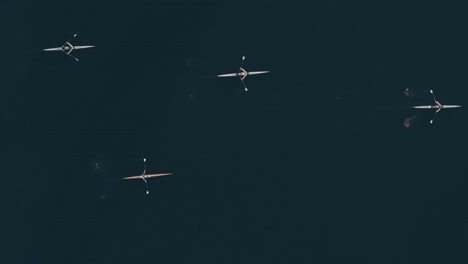 a top down, bird's eye view tracking a team of four rowers in white row boats paddling the dark water of lake union in seattle