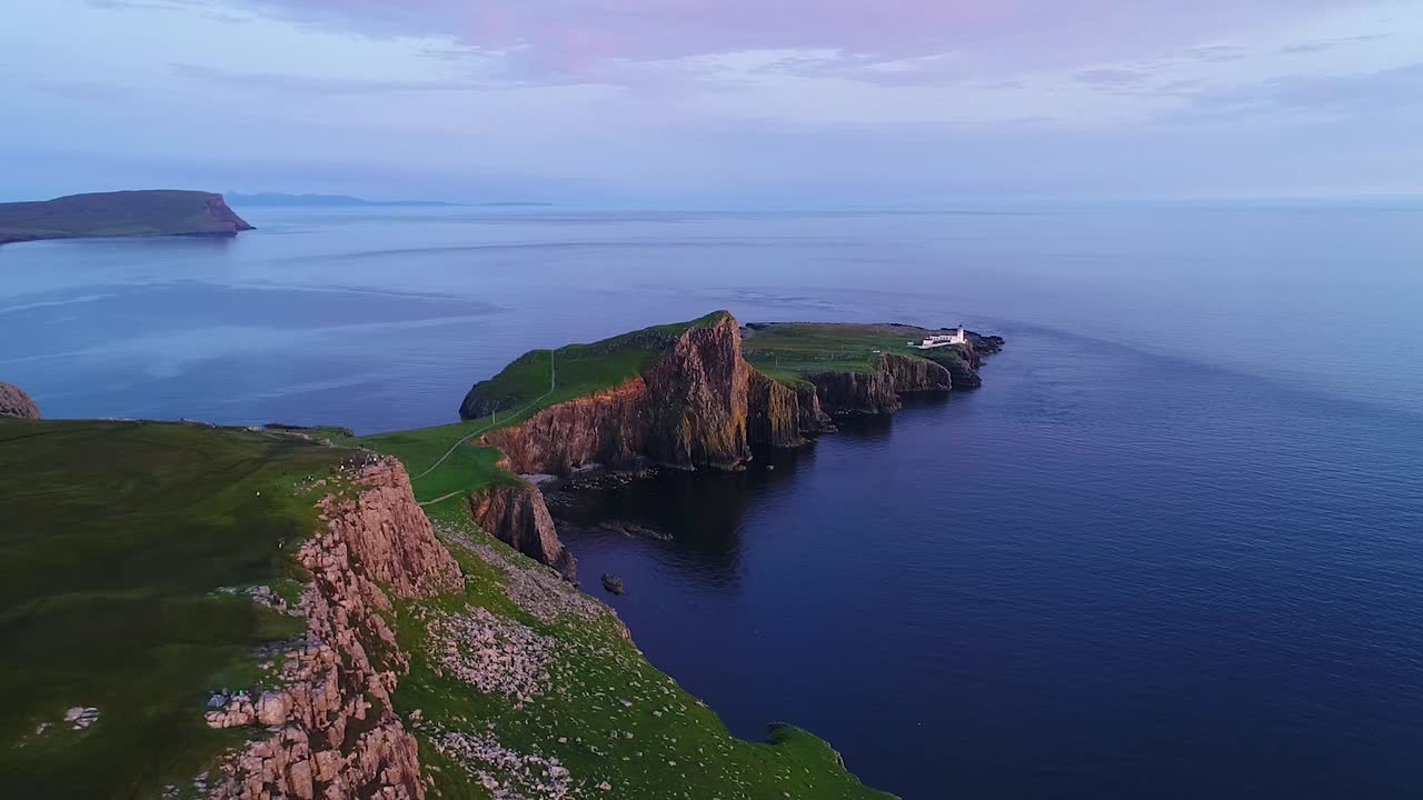 The neist point lighthouse seen from the drone at sunset on the isle of skye. Neist point is a viewpoint on the most westerly point of Skye