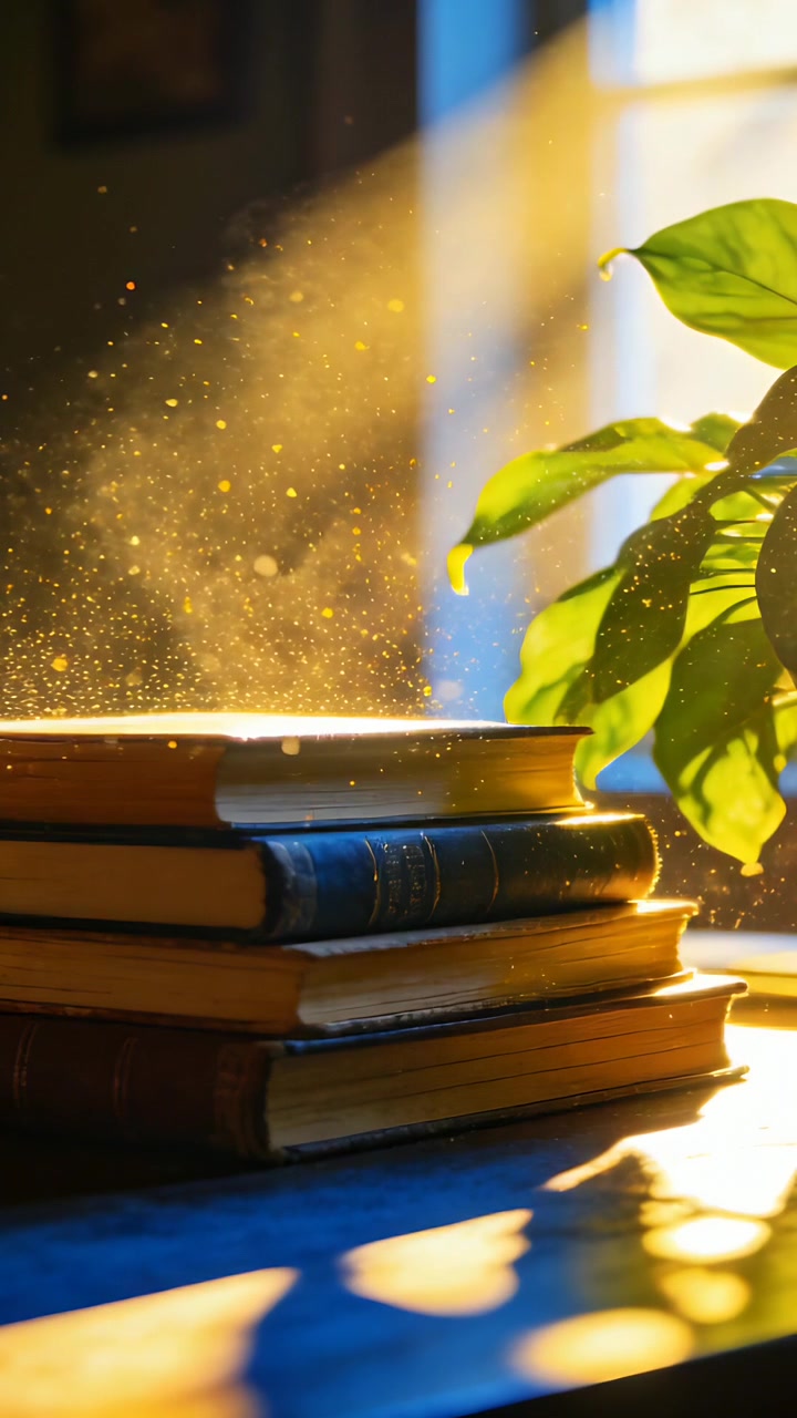 Vertical video: Sunbeam entering window bathing book stack and lighting drifting dust on tabletop