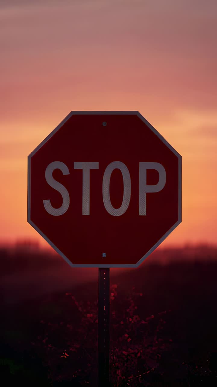 Vertical video: Glowing red STOP sign on metal post catching sun rim light at roadside sun moving