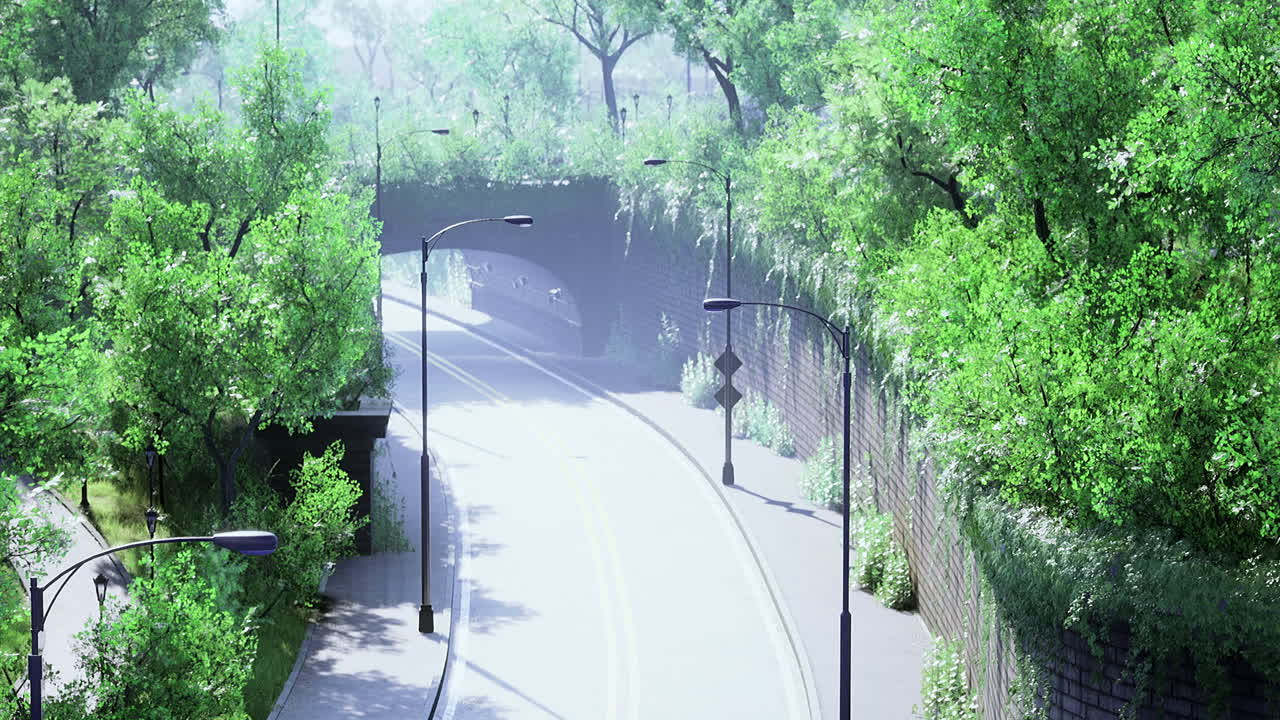 Lush green urban landscape with winding road and bridge structure