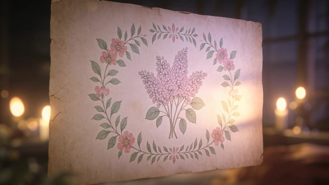 Un foglio di carta invecchiato che ruota dopo uno spostamento della fotocamera, rivelando due ghirlande ad acquerello a lume di candela.