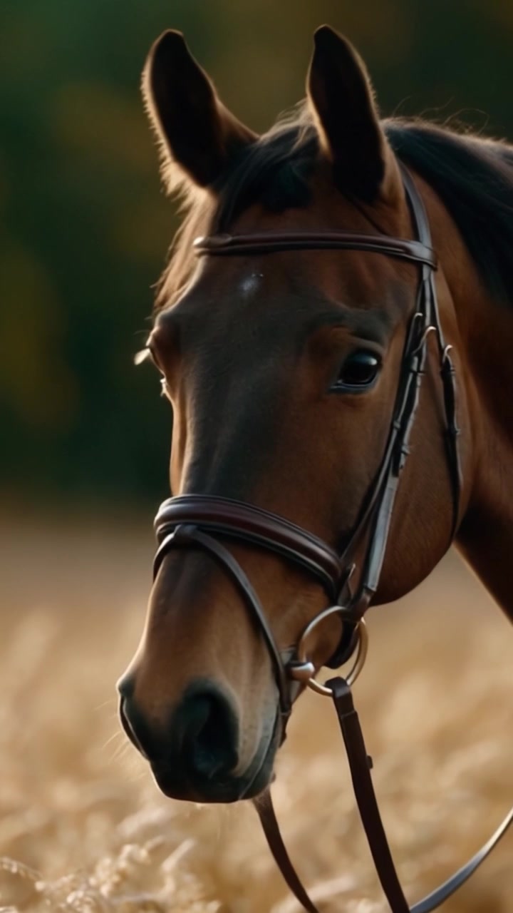 Primi piani suggestivi di un maestoso cavallo in campi dorati, che mostra la sua eleganza e bellezza contro uno sfondo naturale mozzafiato.