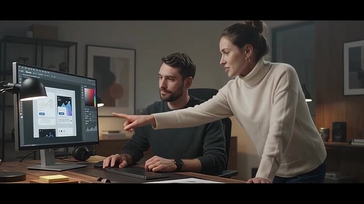 To designere samarbejder om et hjemmesideprojekt på et moderne kontor