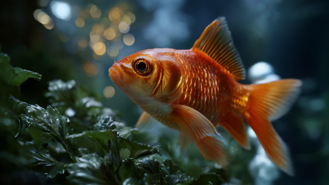 Vibrant Goldfish Swimming Gracefully Through Lush Green Aquatic Plants in a Tranquil Underwater Environment, Captured in Stunning Close-Up Detail