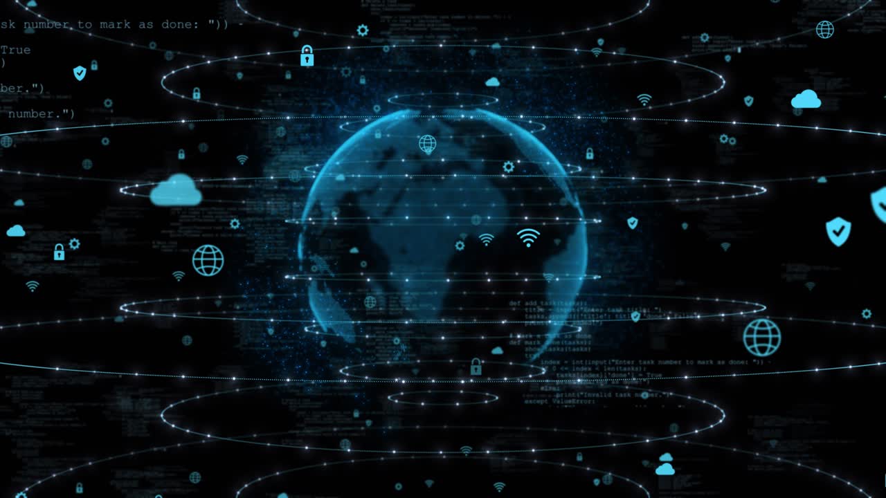 Ologramma della Terra digitale, animazione 3D rotante, concetti di connessione di rete globale, futuro sociale