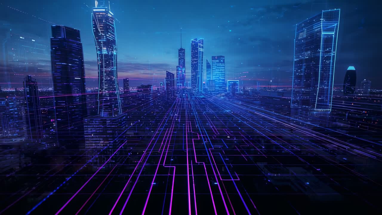 Emerging neon grid overlay scanning dusk city skyline, with digital wireframe towers and data nodes