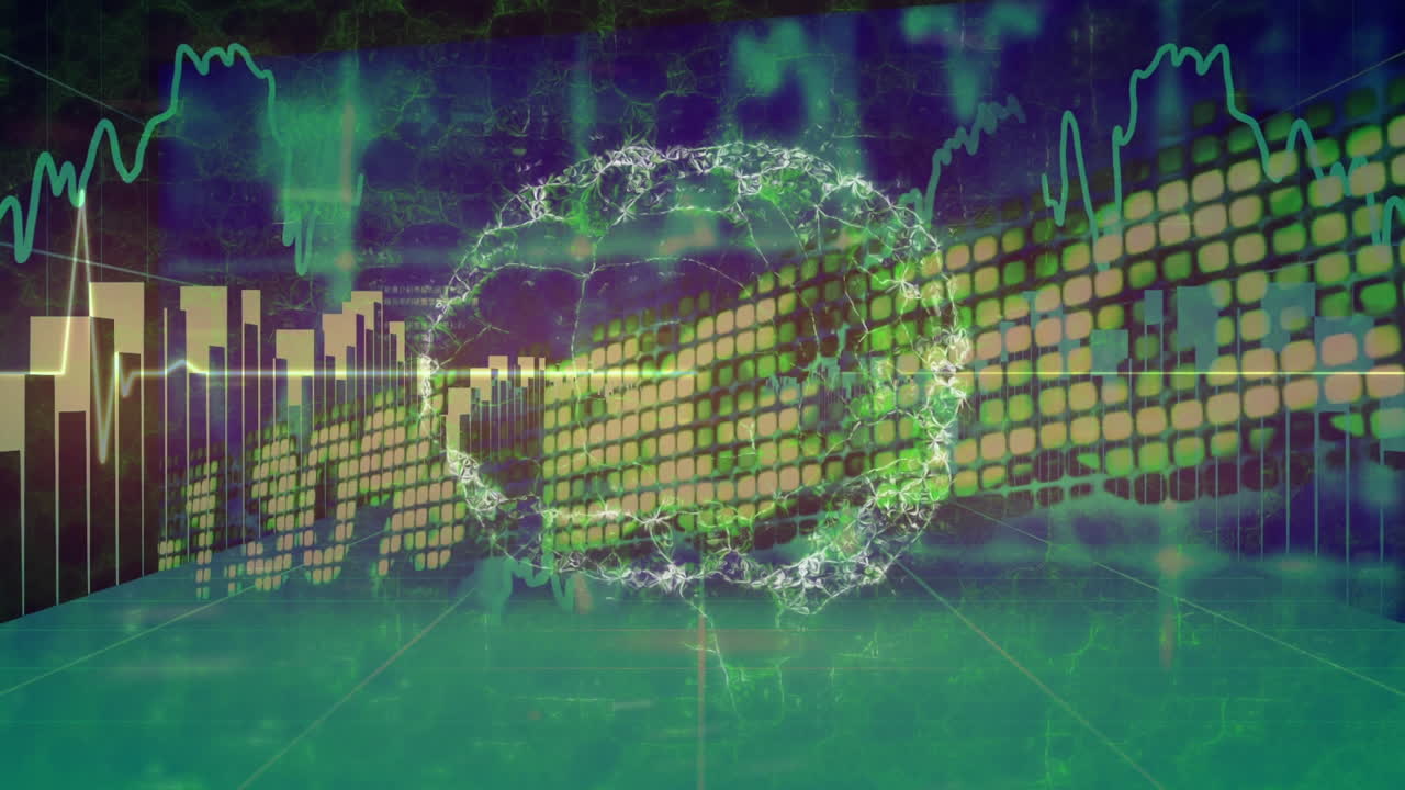 animación del cerebro rotando sobre gráficos y procesamiento de datos financieros, sobre un fondo oscuro