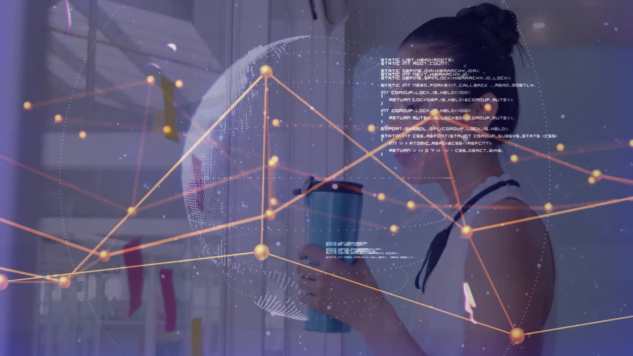 Woman drinking water with digital network and data processing animation overlay