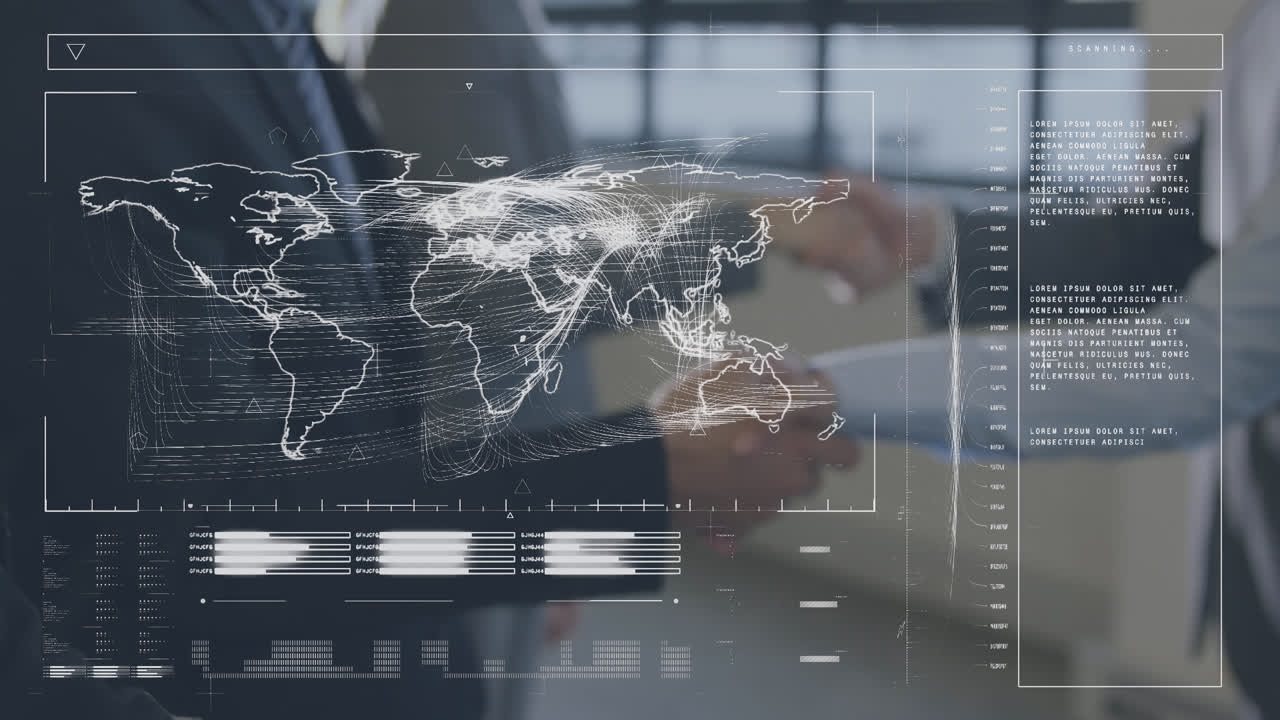 Animation of financial data processing over diverse business people shaking hands