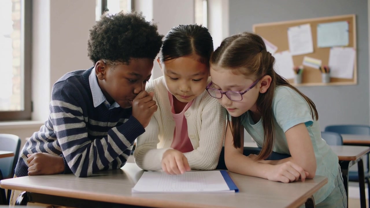 Pointing center pupil guiding peers reading sheet at school desk, girl with glasses solving math