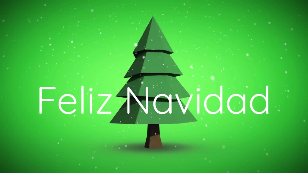 animación de feliz navidad texto sobre árbol de navidad y nieve cayendo sobre fondo verde