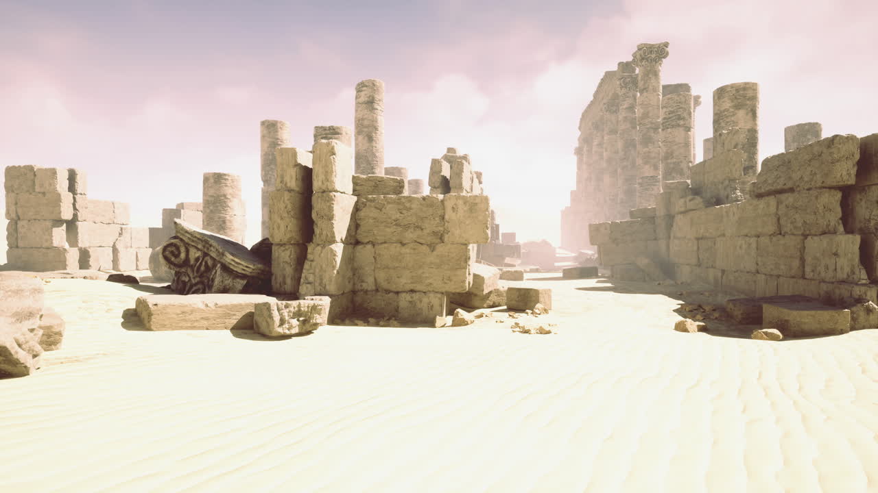Remnants of ancient architecture amid a sandy landscape at sunset
