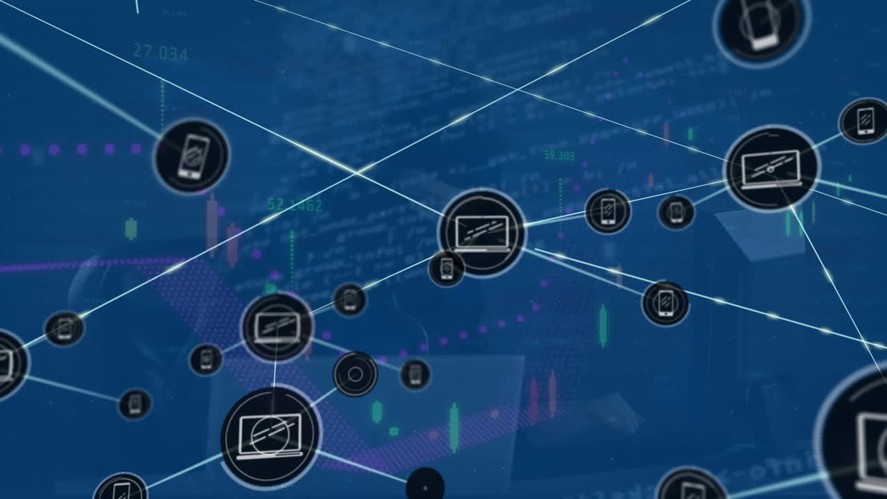 Animation of connected laptop and phone icons, codes, caucasian computer hacker using computer