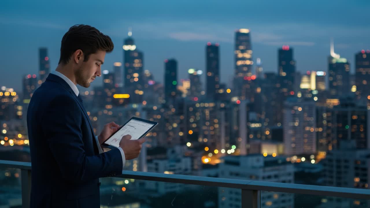 A Business Professional Engaged in Digital Work While Overlooking a Vibrant City Skyline at Dusk, Showcasing Modern Urban Life and Technology