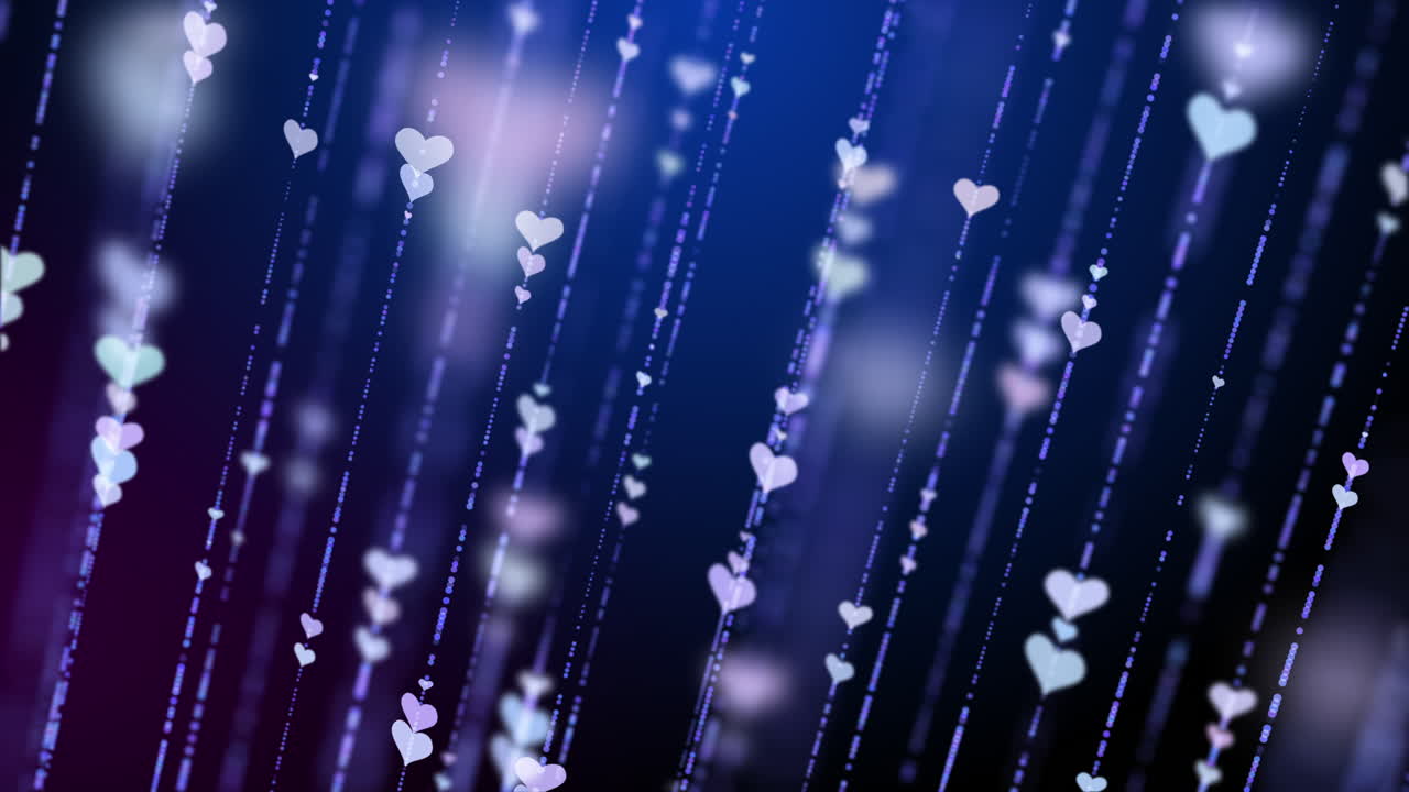 Spinning white threads with sparkling hearts. Abstract animated blue background with moving elements.