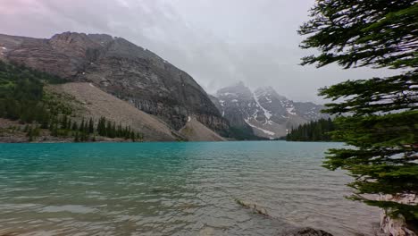 lake side view of the beautiful azure blue waters of moriane lake in banff national park in alberta canada