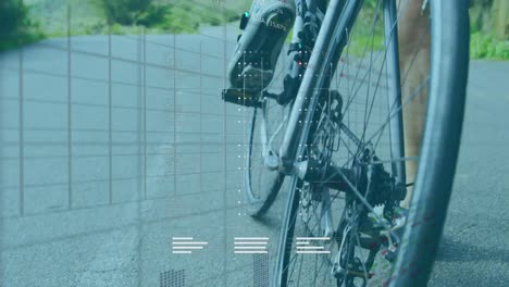 animation of data processing over low section of caucasian female cyclist getting on a bike on road