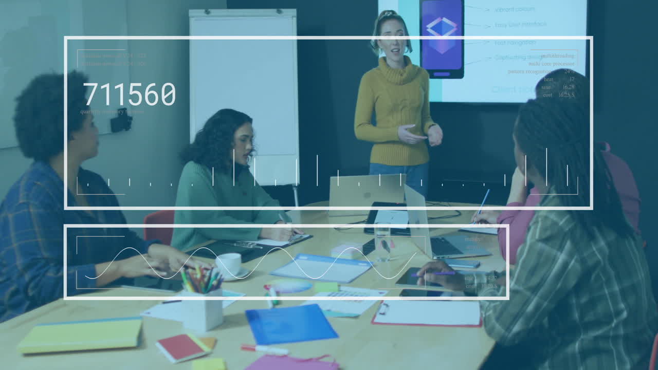 reunión de negocios con un equipo diverso discutiendo la presentación, el análisis de datos la animación sobre la escena