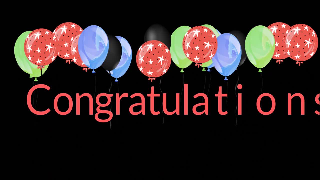 Animation of congratulations text over colorful balloons on black background
