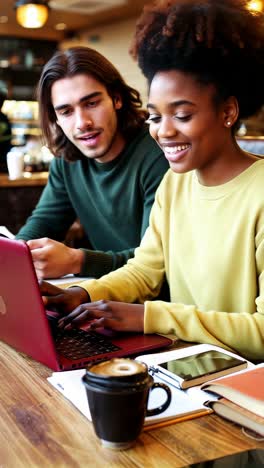 a man and a woman are sitting at a table with a laptop in a coffee shop.