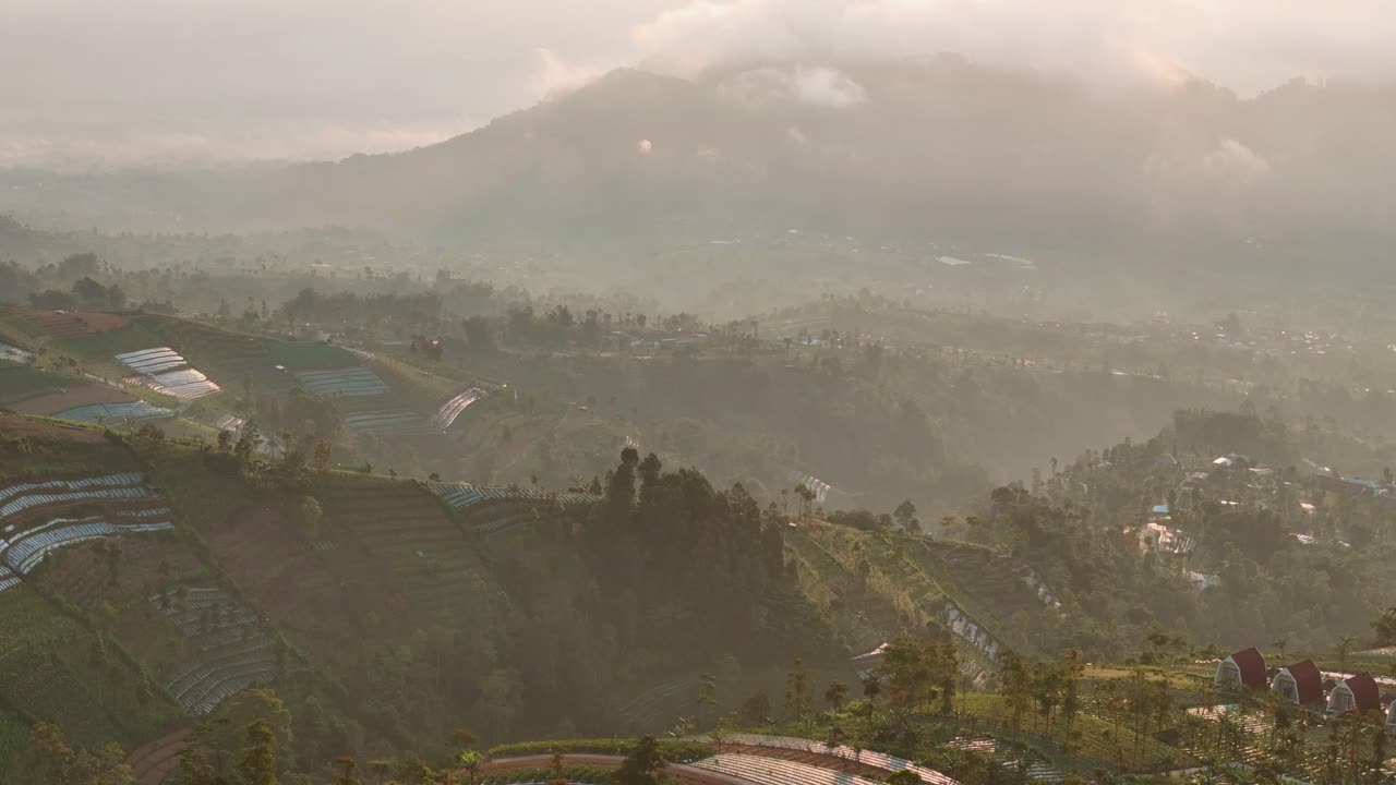Misty Sunrise over Mountainous Farmland