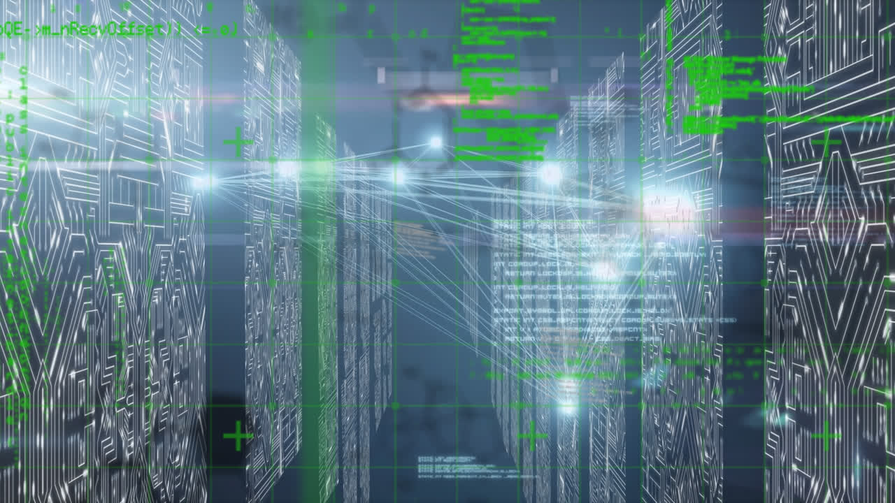 Animation of network of connections and data processing over moving columns