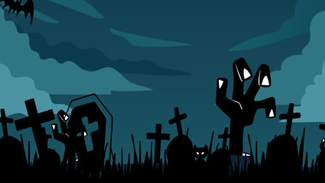 animation of cemetery with bats and hands over clouds