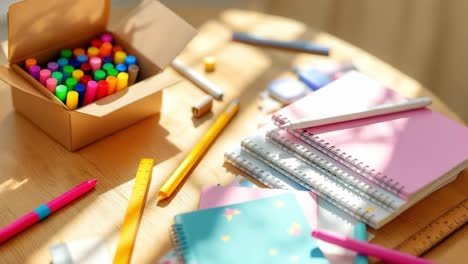 colorful art and school supplies on a wooden table