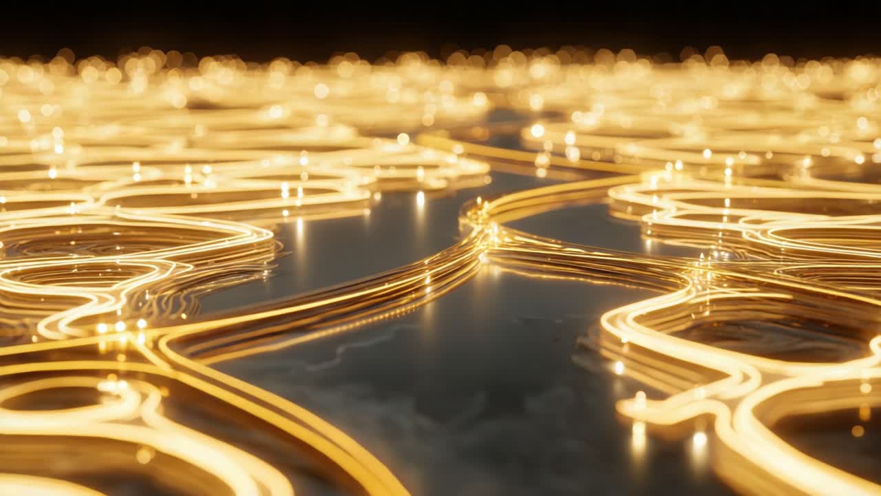Golden light streams representing data flow through an abstract digital landscape, symbolizing internet connectivity, information technology, and the complex pathways of a futuristic global network