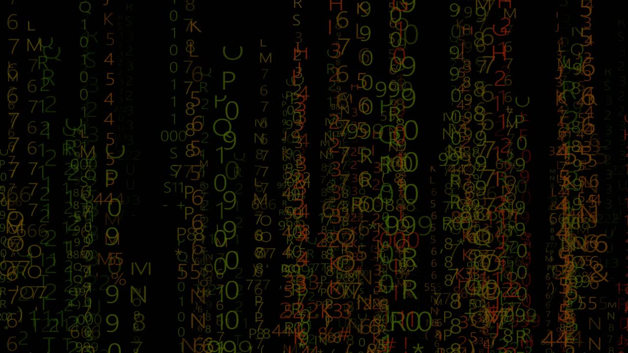 Abstract digital matrix background with mixed-color coding, glitch cyber animation of flowing numbers, letters and symbols, AI, cybersecurity, data, hacking and futuristic tech visuals.