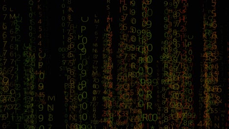 abstract digital matrix background with mixed-color coding, glitch cyber animation of flowing numbers, letters and symbols, ai, cybersecurity, data, hacking and futuristic tech visuals.