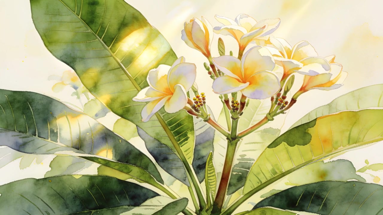 Raggio di sole dorato che si sposta scivolando su una plumeria ad acquerello su carta, evidenziando petali e venature.