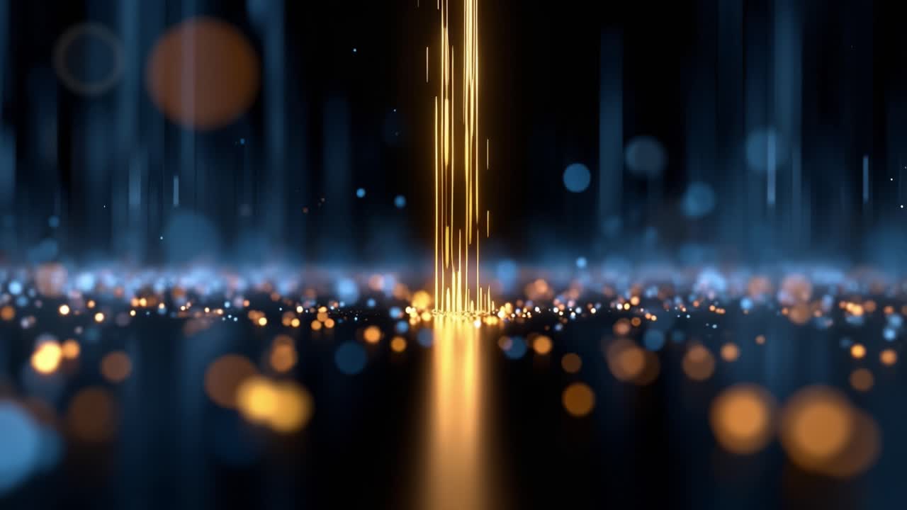 Fascio di luce dorato ed energico con particelle bokeh blu e arancioni