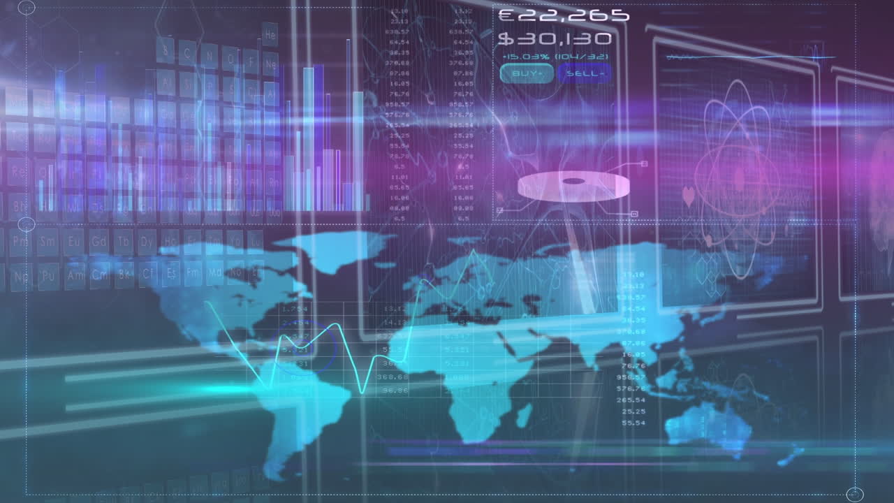 Animation of data processing over screens on dark background