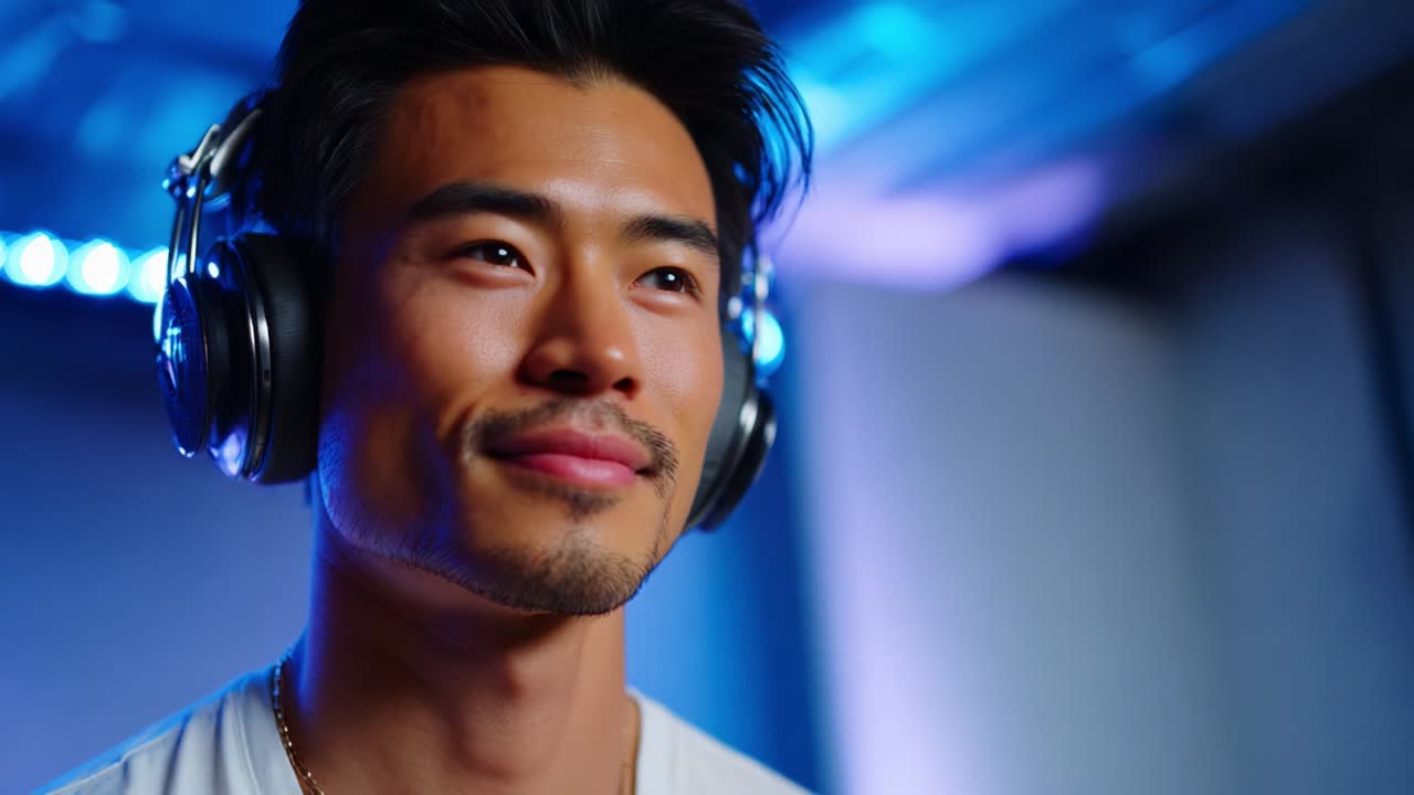 ソフトな照明とリラックスした表情で、親密な雰囲気の中でヘッドホンで音楽を楽しむ、集中した男性リスナーを捉え、聴くことの喜びと音へのつながりを強調しています。