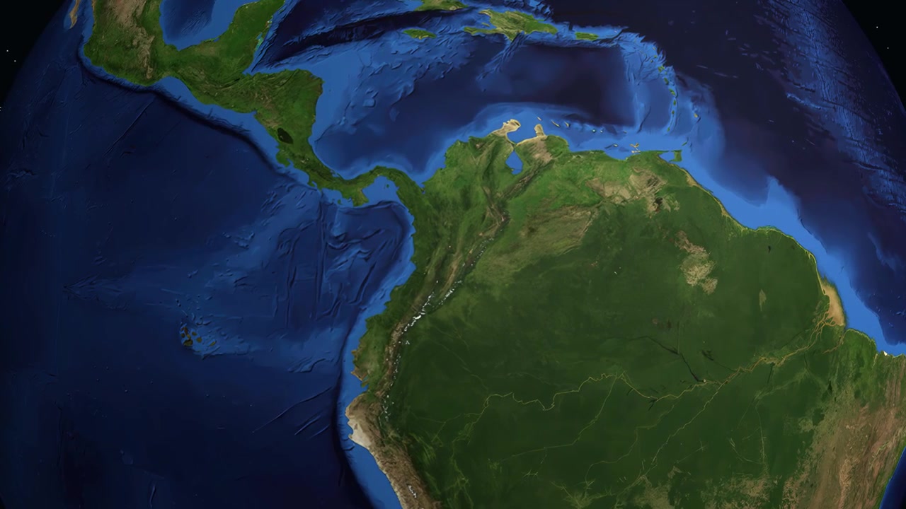 Animação de globo digital aproxima do espaço para a América do Sul, destacando Ibagué, Colômbia, com dados.