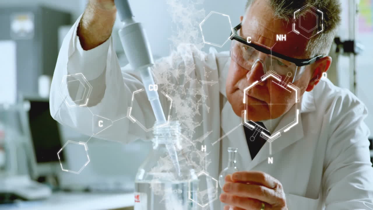 실험실에서 남성 백인 과학자에 대한 과학 데이터 처리의 애니메이션